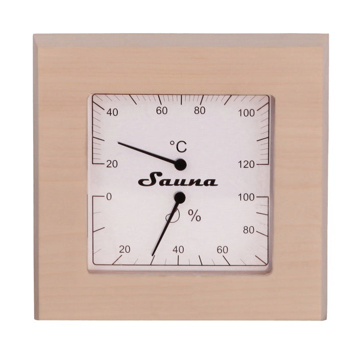 Universal Sauna Klimamesser von Sentiotec Passt dekorativ in jede Saunakabine. Beschreibung: Klassisches Design. Gehäuse aus Espenholz. Anzeigebereich (Hygrometer): 0 – 100 % rel. Feuchte. Anzeigebereich (Thermometer): 0 - 120°C. Maße: 17 x 17 x 3,5 cm Gewicht: ca. 290 g