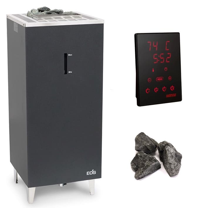 Saunaofen Set 8 Teilig, bestehend aus dem hochwertigen Kombiofen EOS Saunaofen Bio Cubo und der innovativem WiFi fähigen Saunasteuerung Xenio Combi CX1104 WiFi, inkl.s Türsensor, Leistungseinheit, Anschlusskabel und 25 kG Saunasteine