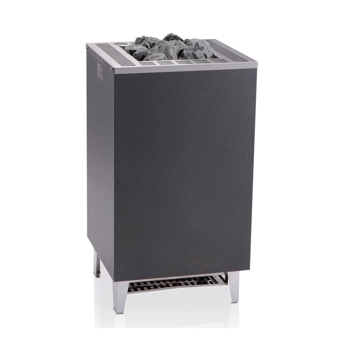 Saunaofen EOS Cubo | Standofen Geeignet für die private Sauna und gewerblichen Einsatz in Kabinen der Größe 7 - 18 m³. Robuster Saunaofen im kubistischen, zeitlosen Design mit Abdeckung aus gebürstetem Edelstahl und Außenmantel in Anthrazit-Perleffekt Pulverbeschichtung. kompakte Bauweise mit nur ca. 39 cm Tiefe