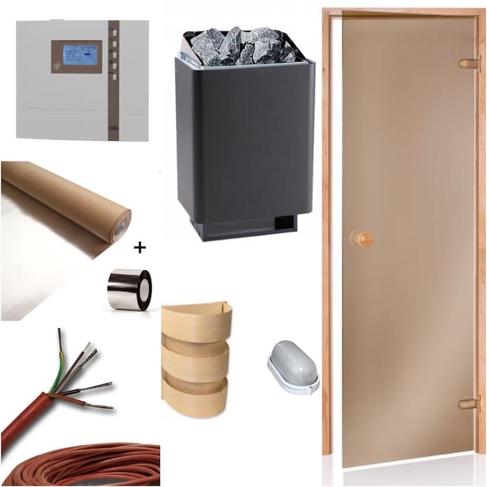 Sauna Bausatz. Lieferumfang: 1. Teil: Saunaofen 34A, Anthrazit 7,5kW oder 9 kW , EOS Werke 2. Teil: Digitale Saunasteuerung ECON D2, EOS Werke 3. Teil: Digitaler Temperaturfühler inkl. Temperaturbegrenzer 4. Teil: 1,7m Fühlerkabel in Rot-Weiß (Temperaturfühler) 5. Teil: 2,0m Silikonkabel (Ofen-Steuerung) 6. Teil: Saunatür Bronzeglas 69 x 189,4 cm 7. Teil: 15kg Olivin - Diabas - Saunasteine 8. Teil: Aluminiumfolie mit Pappe 30m² für den Saunabau 9. Teil: Aluklebeband 50mm x 50m für den Saunabau