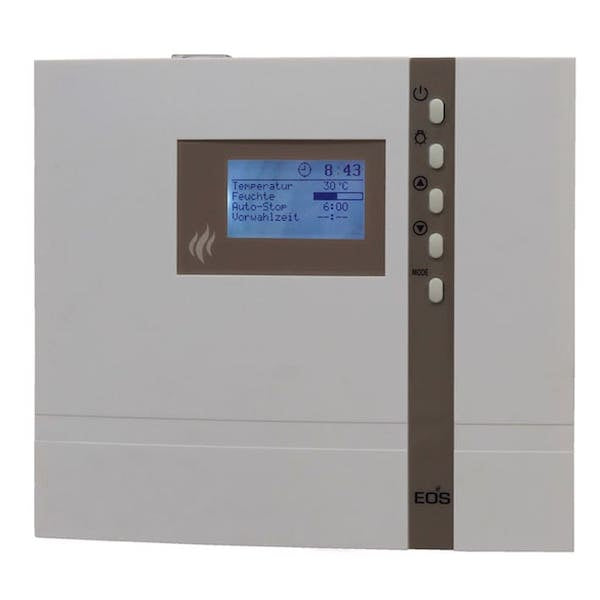Digitales Saunasteuergerät ECON H2 Saunasteuerung für die klassische finnische Sauna und für die Bio Sauna mit Feuchtbetrieb. Stufenlose Regelung zwischen 30°C - 110°C. 24 h-Echtzeit und Vorwahluhr Temperaturvorwahl Feuchtetaktvorwahl Wassermangelerkennung Nachheizfunktion Lüfterfunktion Störungsmeldung Licht Ein- und Ausschalter Digitale Anzeige der Uhrzeit Vorwahlzeit und vorgewählbare Temperatur Heizzeitbegrenzung: 6 h, 12 h bzw. keine