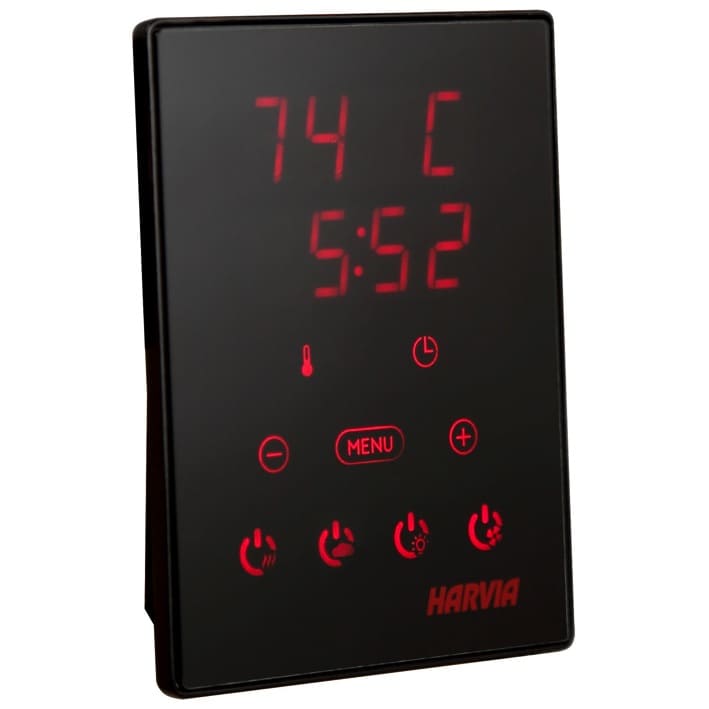 Harvia Xenio Combi CX1104 Zur Steuerung eines Combi Ofens und der Kombination aus Ofen und Verdampfer Einstellbereich für Temperatur 40–110 °C Einstellbereich für Luftfeuchtigkeit 20–80 % rel. F. Einstellbereich für Betriebszeit: Familiensauna 1–6 h kommerzielle Sauna 1–12 h Einstellbereich für Vorwahlzeit 0–12 h