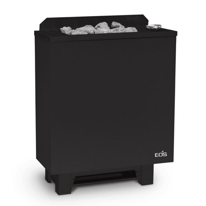 Stand Saunaofen Gracil Black mit Verdampfer für flexible Klimaeinstellungen, wie z.B. trockene Finnische Sauna, milde Dampfsauna. Besonders platzsparende Konstruktion - nur 25 cm Bautiefe. EOS Bi-O Gracil zeichnet sich durch die robuste Konstruktion und geradliniges Design aus und passt ideal zu modernen, hochwertigen Saunaanlagen. Aufgrund des eleganten Designs und der flachen Rückseite eignet sich der EOS Bi-O Gracil optimal zur Platzierung in schmalen Kabinen. Innenmantel aus Edelstahl.