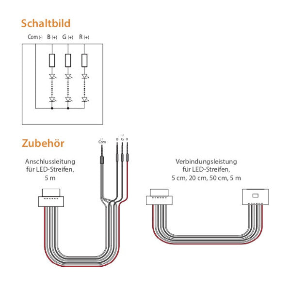 Mit den Verbindungsleitungen können mehrere Streifen in längere Ketten verbunden werden.     Lieferumfang:       Anschluss Set :         1 x Anschlussleitung 5m         5 x 50 mm Verlängerungsleitung         2 x 200 mm Verlängerungsleitung     *Made in Germany by EOS Saunatechnik GmbH