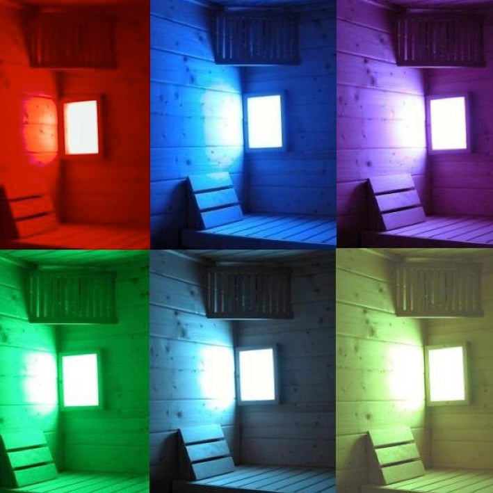 Farblicht LED Panel für die Sauna und Infrarorkabine. Farblichtpanel mit eingebautem Steuergerät inklusive IR-Fernbedienung und Netzgerät. Bei diesem Farblichtgerät können mit der eingebaute Taste oder mit der IR-Fernbedienung Farbverläufe automatisch oder einzeln gewählt werden.