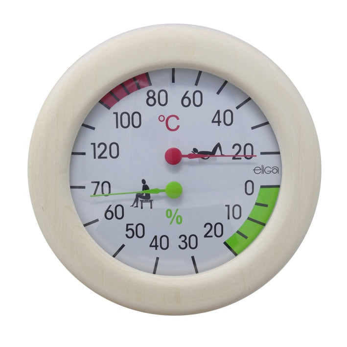 Sauna Klimamesser im Holzrahmen. Bestimmung von Temperatur & Luftfeuchtigkeit in nur einem Messgerät. Gehäuse und Skala weiß. Saunamessbereiche farbig markiert. Mit nachstellbarem Messwerk. Gewicht ca. 3000g. Ø15,5cm x 3cm (Durchmesser x Tiefe).