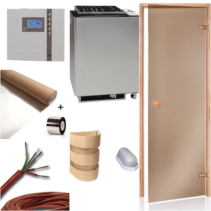 Der Sauna Bausatz für die Sanarium Sauna mit dem klassischen Saunaofen Bio Mat mit Steuergerät Econ H4 von EOS. Desweiteren sind eine Saunatür in Bronzeglas, Sauna Aluminiumfolie als Dampfsperre, Saunaleuchte mit Abdeckschirm und Silikon-Anschlusskabel enthalten.