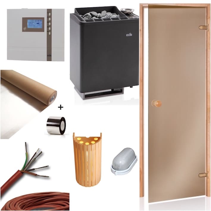 Der Sauna Bausatz für die bio Kombi Sauna mit dem hochwertigen und robusten Saunaofen Bio Tec mit Steuergerät Econ H4 von EOS. Desweiteren sind eine Saunatür in Bronzeglas, Sauna Aluminiumfolie als Dampfsperre, Saunaleuchte mit Abdeckschirm und Silikon-Anschlusskabel enthalten.