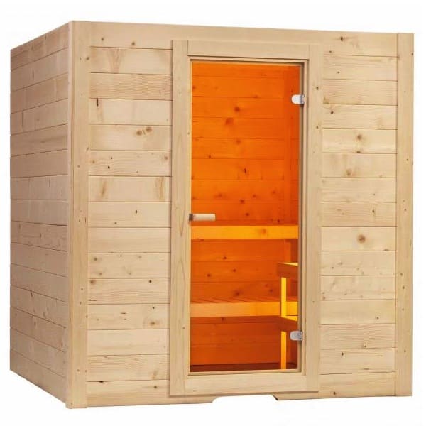 Saunakabine Basic Large 195x187 cm Ausstattung: Kabine aus Fichte Inneneinrichtung „Basic“ aus Linde 2 Bänke 50 cm 1 Kopfstütze 1 Lüftungsschieber 1 Ofenschutzgitter 1 Lampenschutz mit Lampe ohne Leuchtmittel 
