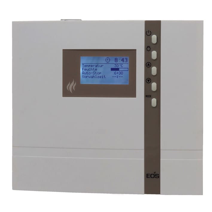 Saunasteuerung Econ H4: Elektronisches Steuergerät (Finnisch + Bi-O) für anspruchsvolle private und gewerbliche Nutzer.Mit 24 Std. Zeitvorwahl in Echtzeit. Mit Tastensperre (Kindersicherung). Sicherheitstemperaturbegrenzung 139 °C. Heizzeitbegrenzung auch auf „unendlich“ einstellbar.     Mit dimmbarem Kabinenlicht (10-stufig, automatische Erkennung von induktiven und kapazitiven Lasten).     Mit Ausgang für Kabinenlüfter.     Mit Ferienhausmodus (eingeschränkter Zugriff ). 4 Benutzerprofile. 