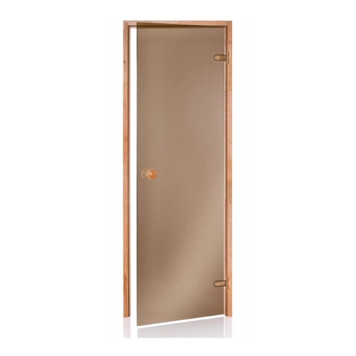  Saunatür, Glastür in Bronzeglas  Hochwertige Materialien und eine solide Qualität         Einbaumaß: 69 x 189,4 cm (mit und ohne Schwelle)     Rechts-und Linksanschlag (kann beim Einbau selbst bestimmt werden)      Saunatür Beschreibung:      Türrahmen: 4 Seitig aus astfreiem Espenholz     Abdichtung: Silikonabdichtung, haltbarkeit bis 180°C     Glasblatt: 8 mm poliertes, gehärtetes Sicherheitsglas     Glasart: Einscheibensicherheitsglas in Bronzeglas