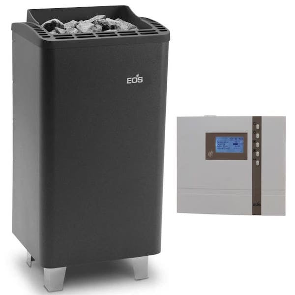Saunaofen Set bestehend aus dem Saunaofen Thermo Tec S- Standofen für die finnische Sauna mit Saunasteuerung Econ D2. Inkls. 18 kg Saunasteine sowie 2 m Silikonanschlusskabel