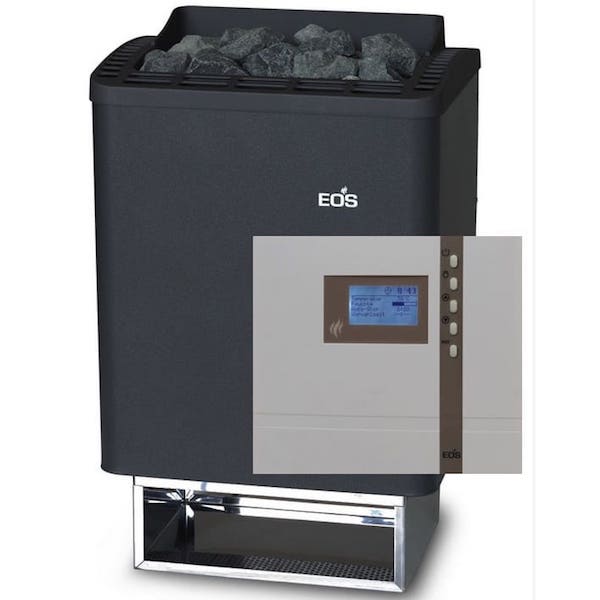 Saunaofen Set | Elektrischer Saunaofen EOS Thermo Tec mit Saunasteuerung Econ D3 für die finnische Sauna. Saunaofen in Anthrazit Perlbeschichtung und Alu Drukguss. Innen aus Edelstahl.
