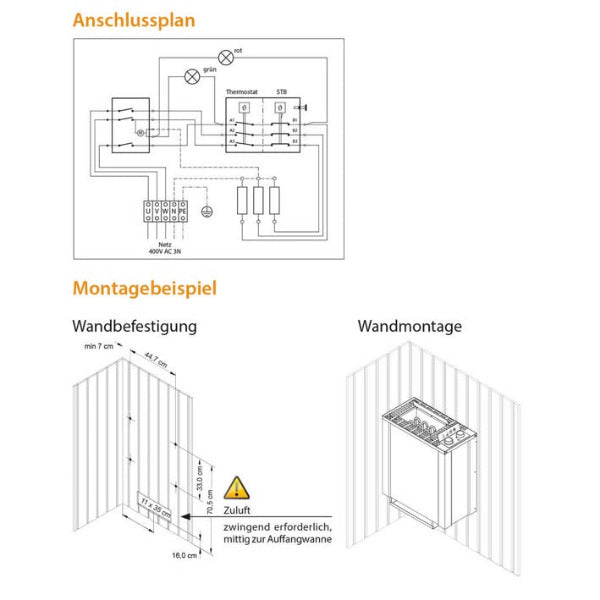 Kompakter Wandofen mit eingebauter Steuerung (Temperaturregelung und Heizzeit). Temperaturfühler direkt im Ofen integriert, keine separate Kabelverlegung. Wechselmöglichkeit der Bedieneinheit von Links auf Rechts Temperaturregelbereich 40 - 100 °C Heizzeitbegrenzung bis 4 Std. Einfacher Tausch der Heizelemente Sehr platzsparende Bauform - nur 24 cm Tiefe, direkte Montage an die Saunawand.