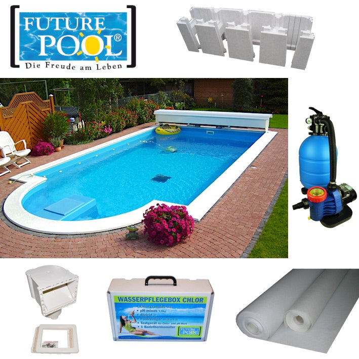 Power S Stone mit römischer Treppe  Komplett Pool Bau-Set von Future Pool Im Lieferumfang enthalten sind:      Komplettset Power S Schaltsteine inkl. Endschuber     Innenhülle 0,8 mm, adriablau     Filteranlage Pro Aqua TC 400/80 bzw. TC 500/80, inkl. Quarzsand     1 Skimmer     1 xBodenlauf     2 Mauerdurchführungen mit Flanschsatz, Kugeleinheit (Einlaufdüse)     Bodenvlies, Einhängekeisten, Spreiznieten     Seitenwandvlies, Klebeband     Französchische Treppe Roman Classic, französisch blau oder sand