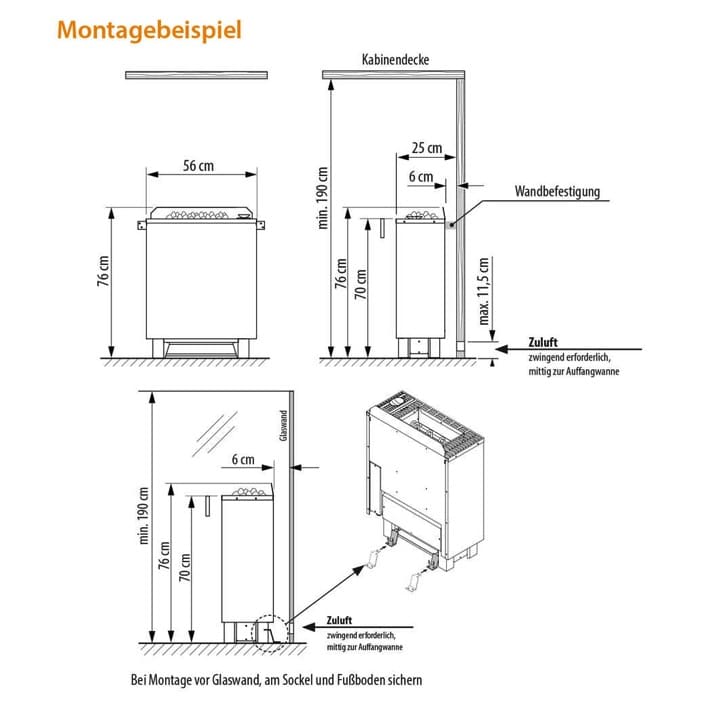 Platzsparender Standofen mit integriertem Verdampfer für private Saunakabinen. Vielseitiger Saunaofen mit Verdampfer. Saunaofen mit Verdampfer für flexible Klimaeinstellungen, wie z.B. trockene Finnische Sauna, milde Dampfsauna. Besonders platzsparende Konstruktion - nur 25 cm Bautiefe.