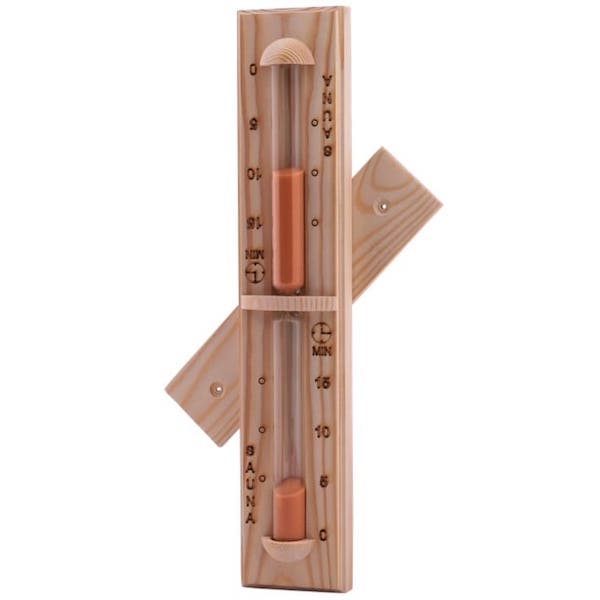 Sauna Sanduhr: Gehäuse: Naturholz, stabile Ausführung. Glaszylinder mit Orange-farbigem Sand. Glaszylinder auf Drehgestell. Maße: 340 x 70 mm Tiefe: 35 mm Laufzeit: 15 Min.